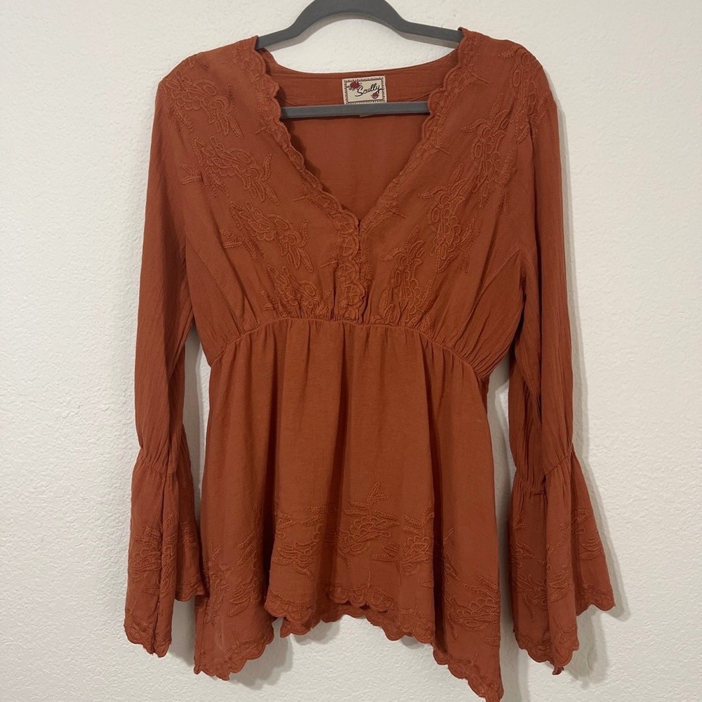 Scully Boho Embroidered Peasant Blouse Rust Bell Sleeve Y2K Fairycore Boho Chic